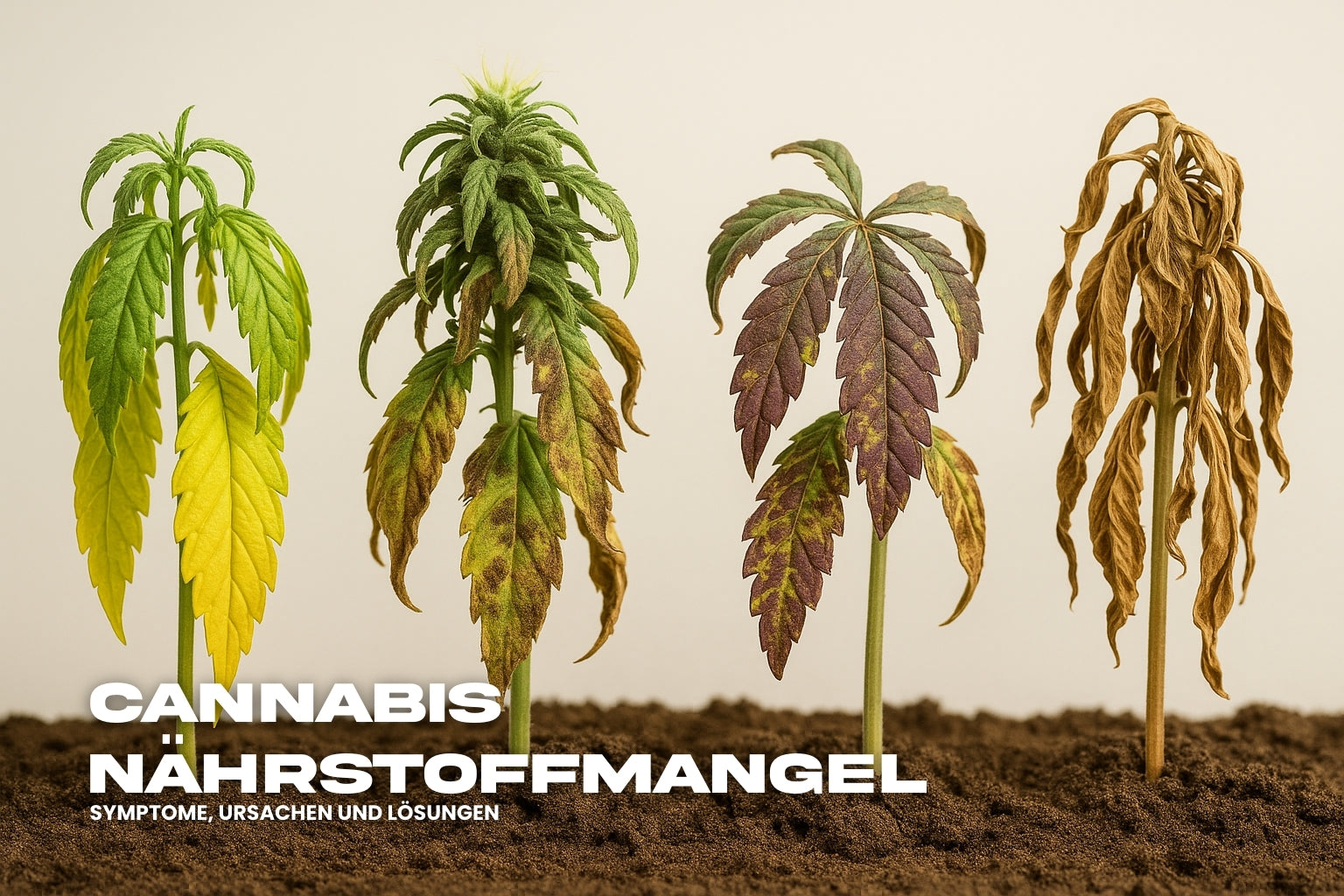 Cannabispflanzen mit sichtbarem Nährstoffmangel in verschiedenen Stadien: gelbe Blätter, Verfärbungen, Welke und vertrocknete Pflanze – Schriftzug 'Cannabis Nährstoffmangel' im Vordergrund