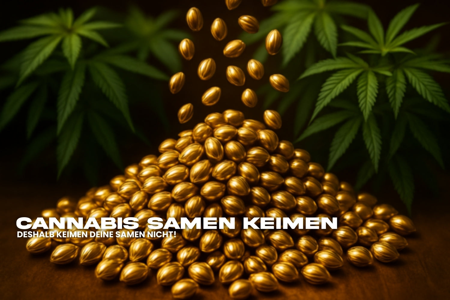 Cannabis Samen keimen – goldene Hanfsamen im Vordergrund, Cannabisblätter im Hintergrund, Symbolbild für Keimung
