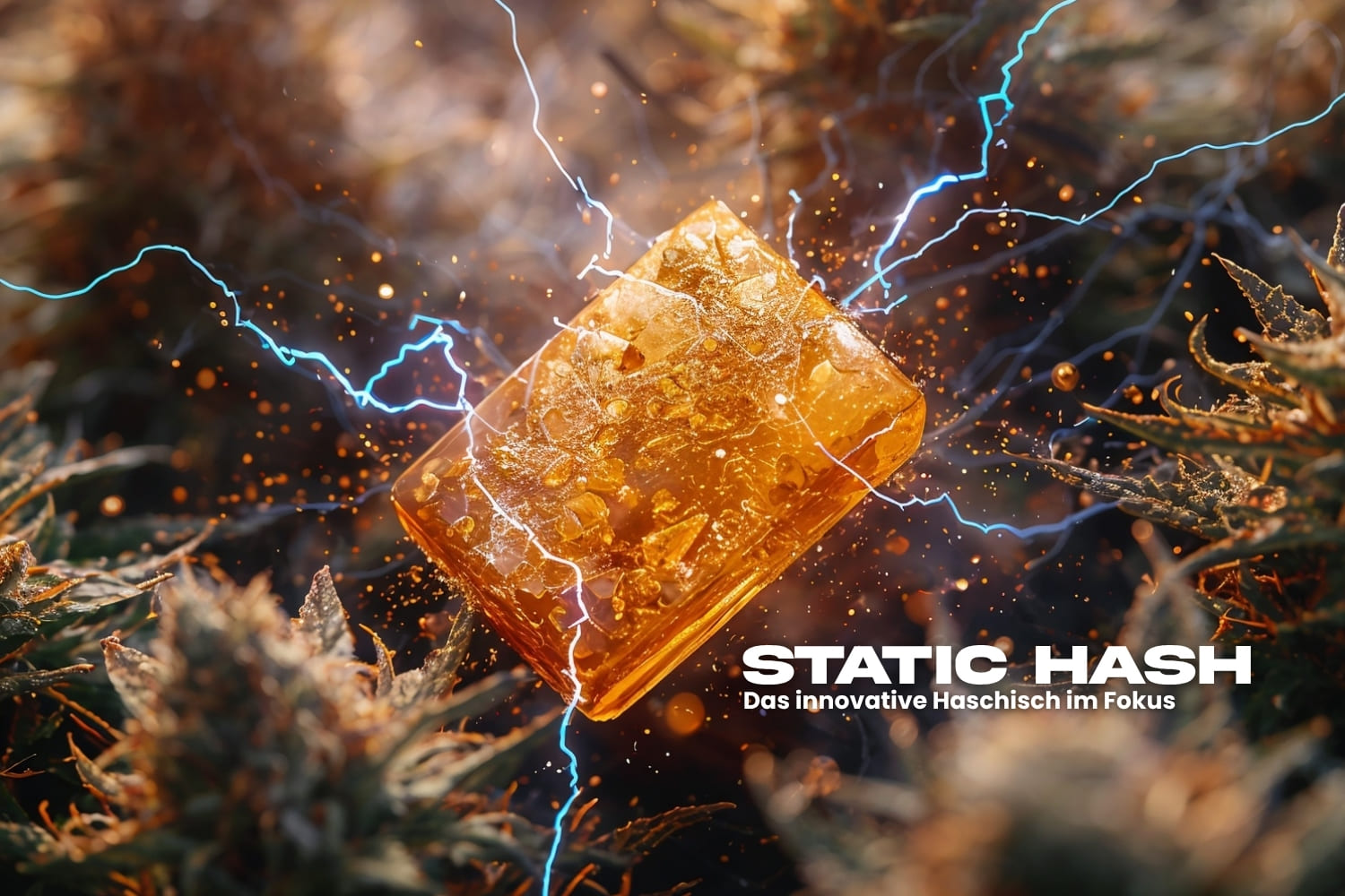 Leuchtender goldener Static-Hash-Block mit sichtbarer statischer Elektrizität zwischen Cannabisblüten – Symbol für innovative Haschischherstellung mit elektrostatischer Technik.