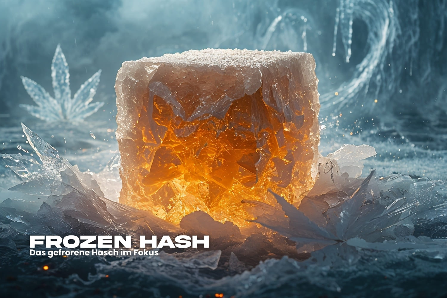 Gefrorener Hashblock aus Cannabis, umgeben von Eis und Dampf, leuchtend orange im Inneren – Symbol für die Herstellung von Frozen Hash und kalte Extraktion.