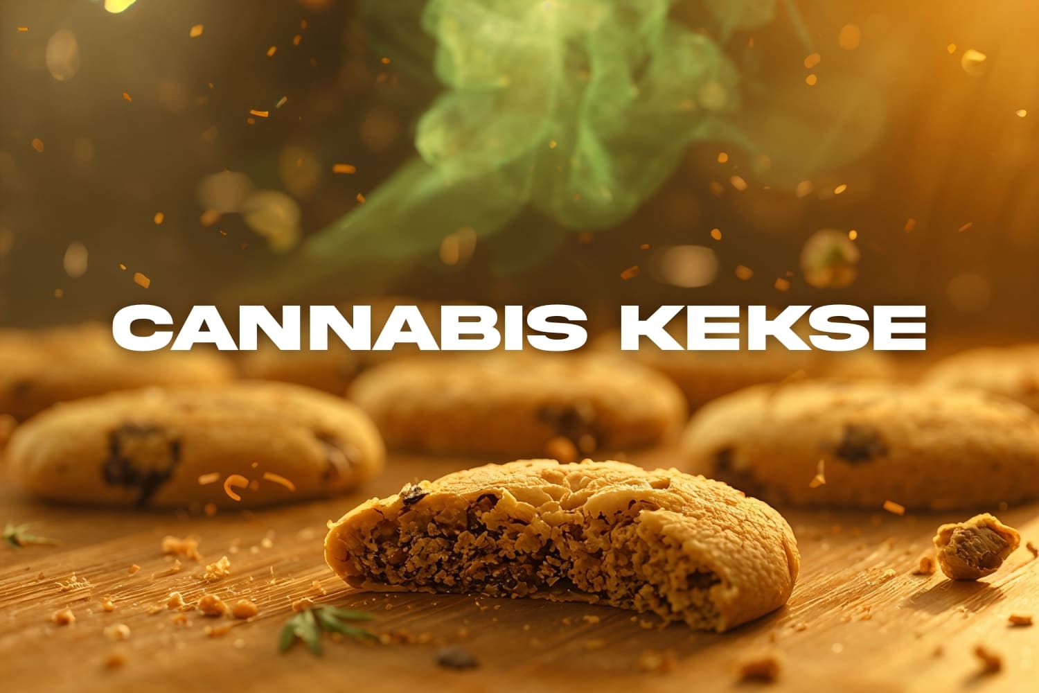 Frisch gebackene Cannabis-Kekse auf einem Holztisch, einer davon halb angebissen. Über den Keksen steigt leichter grüner Rauch auf, warmes goldenes Licht sorgt für eine gemütliche Atmosphäre. Text ‚Cannabis Kekse‘ im Vordergrund