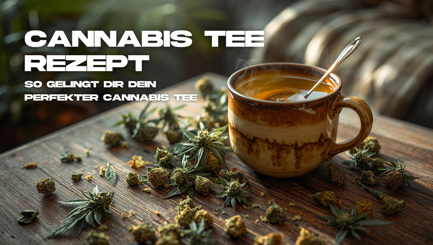 Eine dampfende Tasse Cannabis-Tee in einer rustikalen Keramiktasse auf einem Holztisch, umgeben von getrockneten Hanfblüten und Blättern in warmem Sonnenlicht.