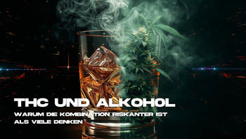 Ein Glas Whisky mit Eiswürfeln, aus dem grüner Rauch und eine Cannabispflanze aufsteigen, vor einem dunklen Hintergrund mit digitalen Lichteffekten zur Illustration von Mischkonsum-Risiken.
