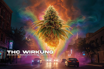 Epische Visualisierung der THC Wirkung: leuchtende Cannabisblüte schwebt über einer Stadt, farbige Rauch- und Lichteffekte symbolisieren die berauschende Wirkung von THC.