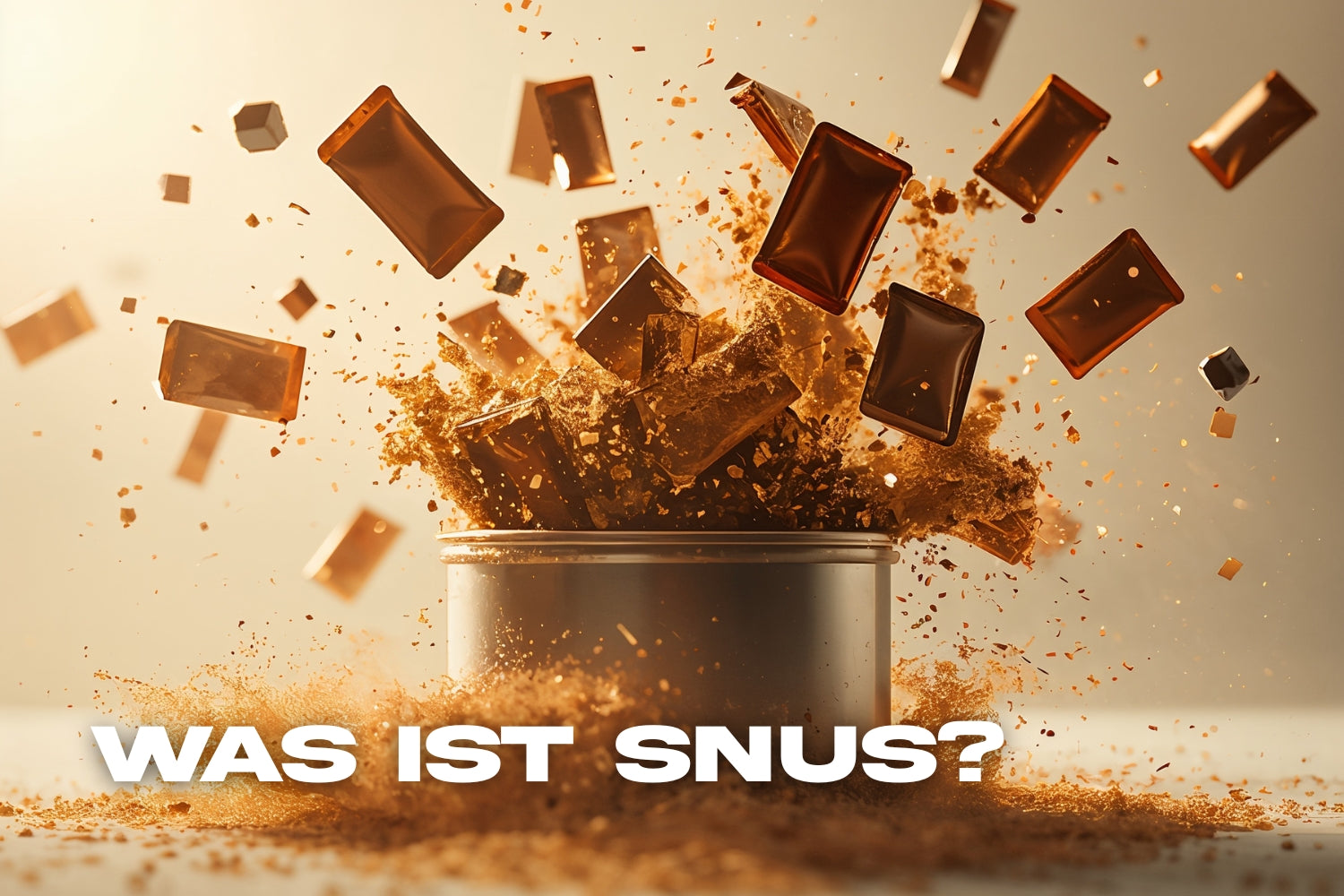 Dynamische Szene einer offenen Snus-Dose, aus der braune Snus-Beutel in der Luft explodieren. Tabakstaub und goldene Partikel wirbeln umher, eingefangen in hellem, modernem Licht.